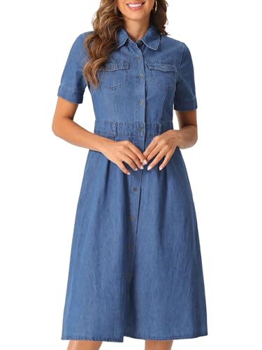 Denim Dress for Women's Collared Short Sleeve A-Line Button Up Jean Midi Dresses