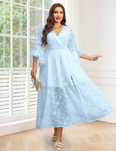 Women's Plus Size Wedding Guest Dress Ruffle Half Sleeve Wrap V Neck Slit A Line Flowy Boho Floral Maxi Dresses