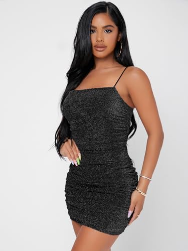 Women's Glitter Sleeveless Ruched Party Clubwear Bodycon Mini Dress