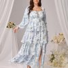 Womens Plus Size Floral Tiered Ruffle Long Sleeve Evening Party Wedding Guest Dress