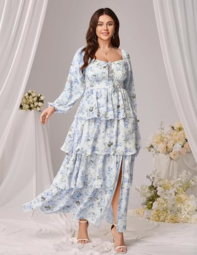 Womens Plus Size Floral Tiered Ruffle Long Sleeve Evening Party Wedding Guest Dress