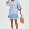Women Mini Dress Summer 3/4 Puff Sleeves Embroidery Floral Tunic Mini Dress V Neck Loose Zip Party Dresses