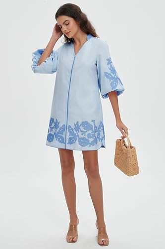 Women Mini Dress Summer 3/4 Puff Sleeves Embroidery Floral Tunic Mini Dress V Neck Loose Zip Party Dresses