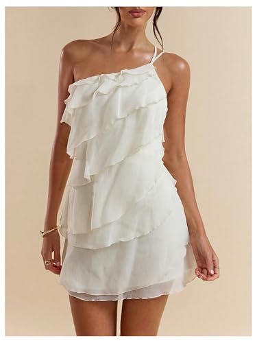 Women's One Shoulder Ruffle Mesh Mini Dress Layered Backless Vacation Party Sundresses