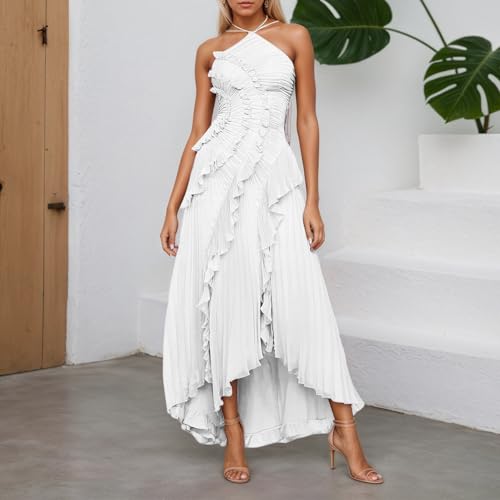 41TmSkAMeL.jpg Chiffon Tiered Dresses for Women Formal Halter Sleeveless Flowy Maxi Dress Summer Sexy Irregular Hem Solid Sundresses
