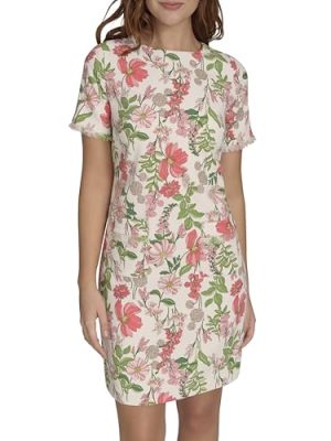 Women's Pleated Trim Short Sleeve High Neck Shift Mini Dress