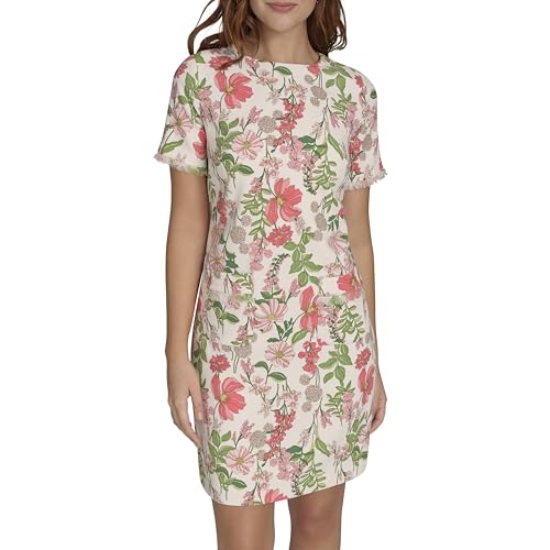 Women's Pleated Trim Short Sleeve High Neck Shift Mini Dress