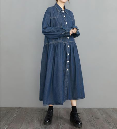 41UDEHq1IL.jpg Womens Fall Winter A-Line Long Denim Trench Coat Loose Casual Button Down Maxi Jean Shirt Dress