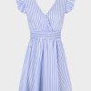 Women's Mini Dress V Neck Flutter Sleeve Striped Smocked Waist A Line Short Summer Cocktail Dress
