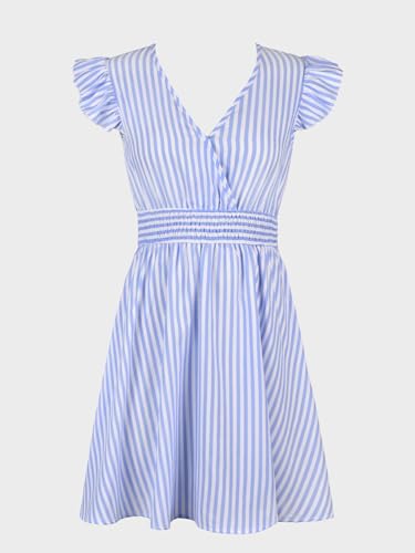 Women's Mini Dress V Neck Flutter Sleeve Striped Smocked Waist A Line Short Summer Cocktail Dress