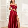 Off Shoulder Satin Bridesmaid Dresses Spaghetti Strap Long Ruched A Line Formal Prom Dress with Slit 006