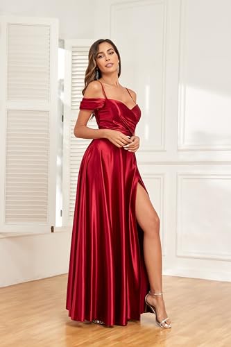 Off Shoulder Satin Bridesmaid Dresses Spaghetti Strap Long Ruched A Line Formal Prom Dress with Slit 006