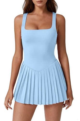 Womens Square Neck Tennis Dress Pleated Sleeveless Built in Shorts Golf Athletic Dress with Pockets