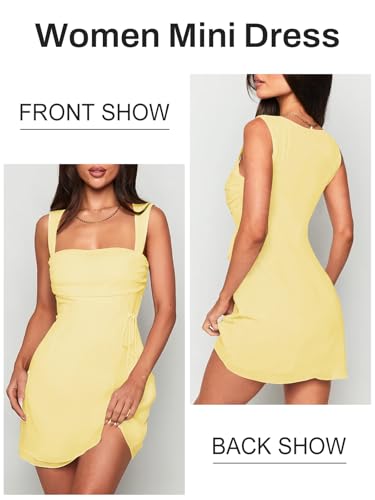 Women's Sexy Ruched Mesh Midi Short Dresses for Women Square Neck Fitted Elegant Club Party Cocktail Dress