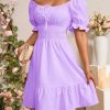 Women's Boho 2025 Summer Mini Dress, Square Neck Ruched Ruched Hem Elegant Dress