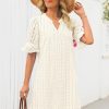 Women's 2025 Summer Short Sleeve Mini Dress V Neck Ruffle Hollow Out Eyelet Lace Dresses