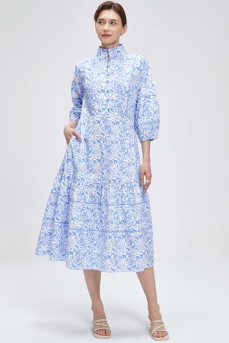 Women V-Neck Floral Maxi Dress Elegant Printed Button Down Puff Sleeve Tiered A-Line Flowy Party Long Dress with Pocket