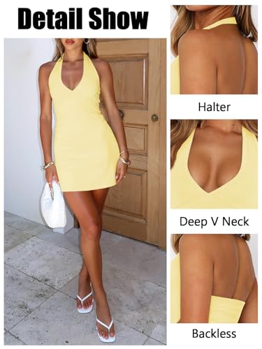 Women's Sexy Halter V Neck Mini Dress for Women Summer Slim Fit Going Out Club Party Bodycon Short Dresses