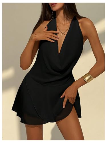 Women's Halter Mini Dress Deep V Neck Draped Ruffle Hem Backless Sleeveless Party Dresses
