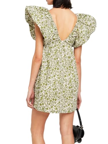 Women's Floral Print Mini Dress V Neck Puff Sleeve Dress Short Babydoll Bow Dress
