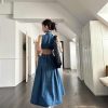 Women Elegant One-Piece with Slit Cut-Out Blue Jean Sundress Sleeveless Denim Dress