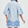 Women Mini Dress Summer 3/4 Puff Sleeves Embroidery Floral Tunic Mini Dress V Neck Loose Zip Party Dresses