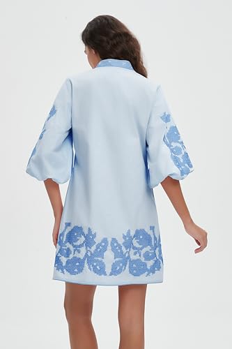 Women Mini Dress Summer 3/4 Puff Sleeves Embroidery Floral Tunic Mini Dress V Neck Loose Zip Party Dresses