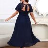 Women's Plus Size Lace Maxi Dress Short Sleeve V Neck Flowy Empire Waist Smocked Back Wedding Guest Dress