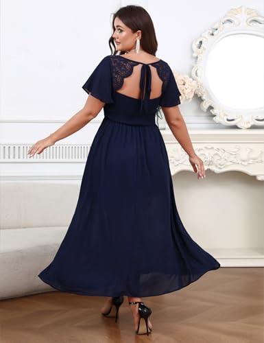 Women's Plus Size Lace Maxi Dress Short Sleeve V Neck Flowy Empire Waist Smocked Back Wedding Guest Dress