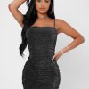 Women's Glitter Sleeveless Ruched Party Clubwear Bodycon Mini Dress