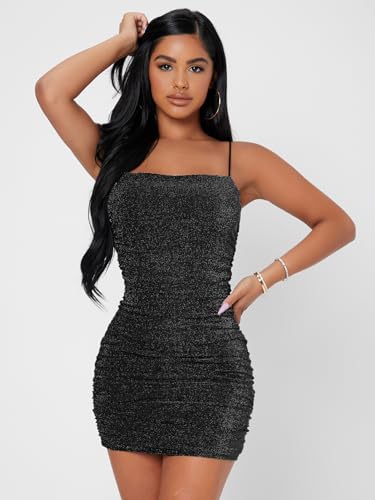 Women's Glitter Sleeveless Ruched Party Clubwear Bodycon Mini Dress