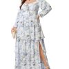 Womens Plus Size Floral Tiered Ruffle Long Sleeve Evening Party Wedding Guest Dress