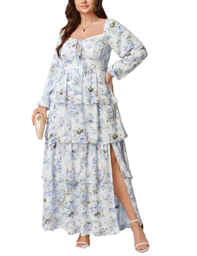 Womens Plus Size Floral Tiered Ruffle Long Sleeve Evening Party Wedding Guest Dress