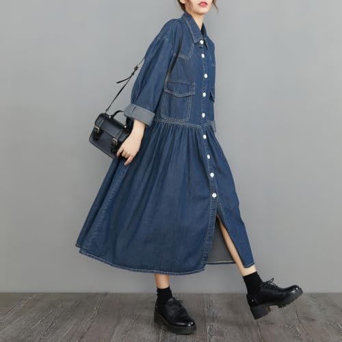 41XeSEIFEzL.jpg Womens Fall Winter A-Line Long Denim Trench Coat Loose Casual Button Down Maxi Jean Shirt Dress