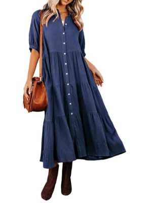 Women's Summer Cotton Half Sleeves Button Down Casual Loose Slit Midi Dress with Pockets