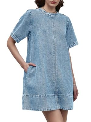 Denim Dress for Women Summer Casual Short Sleeve Chambray Mini Jean Dresses with Pockets