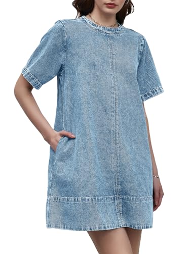 Denim Dress for Women Summer Casual Short Sleeve Chambray Mini Jean Dresses with Pockets
