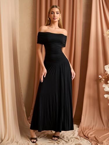Off The Shoulder Maxi Dress for Women Summer Ruched Bodycon Pleated Flowy Formal Wedding Guest Long Dresses