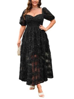 Women's 2025 Plus Cocktail Formal Guest Dresse 3D Lace Sweetheart Neckline Puff Sleeve A Line Maxi Dresses
