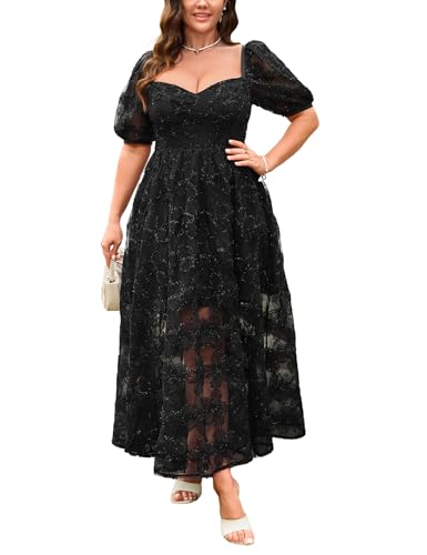 Women's 2025 Plus Cocktail Formal Guest Dresse 3D Lace Sweetheart Neckline Puff Sleeve A Line Maxi Dresses