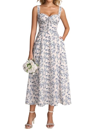 Floral Corset Midi Dresses for Women 2025 Lace Up Flowy Summer Wedding Guest Dress with Pockets