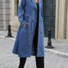 Womens Long Denim Jacket Plus Size Lapel Collar Long Sleeve Trench Coat Button Down Over Knee Tunic Outerwear
