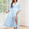 Women's Plus Size Wedding Guest Dress Ruffle Half Sleeve Wrap V Neck Slit A Line Flowy Boho Floral Maxi Dresses