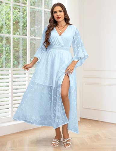 Women's Plus Size Wedding Guest Dress Ruffle Half Sleeve Wrap V Neck Slit A Line Flowy Boho Floral Maxi Dresses