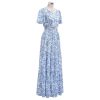 Women Short Bubble Sleeves Cotton Maxi Dress Flower Printed V Neck Elastic Waist Casual Red Long Summer Dresses