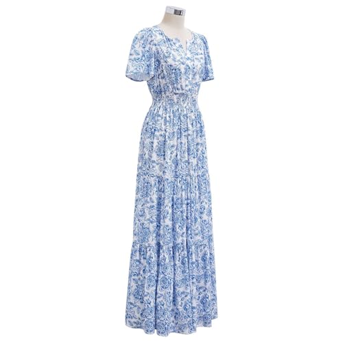 Women Short Bubble Sleeves Cotton Maxi Dress Flower Printed V Neck Elastic Waist Casual Red Long Summer Dresses