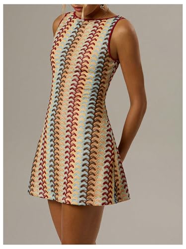 Women's Color Block Crochet Boho Bodycon Mini Dress Summer Peasant Vacation Sleeveless Tank Sundresses 2025