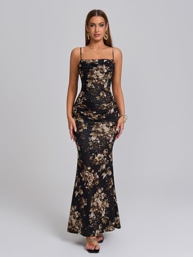 Women's Sleeveless Bodycon Corset Maxi Dress Spaghetti Strap Ruched Elegant Evening Wedding Guest Long Formal Dresses