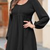 Womens 2025 Casual Dresses Smocked Crewneck Button Up Long Sleeve Empire Waist A-Line Mini Dress