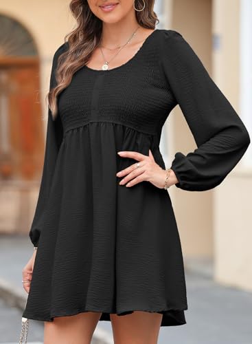 Womens 2025 Casual Dresses Smocked Crewneck Button Up Long Sleeve Empire Waist A-Line Mini Dress